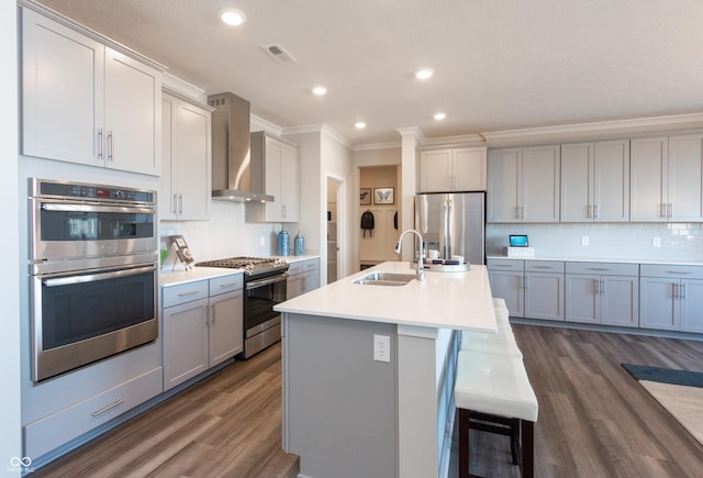 kitchen with sink, wall chimney exhaust hood, tasteful backsplash, a kitchen island with sink, and appliances with stainless steel finishes