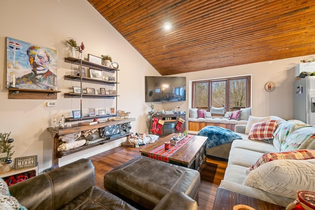 living room featuring hardwood / wood-style flooring, wooden ceiling, and vaulted ceiling