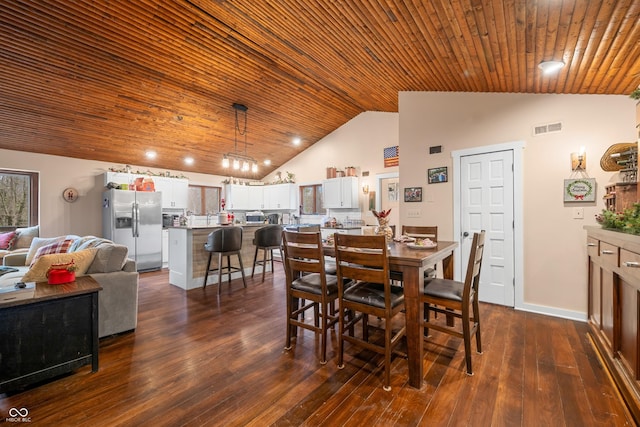 dining space with wooden ceiling, high vaulted ceiling, and dark wood-type flooring