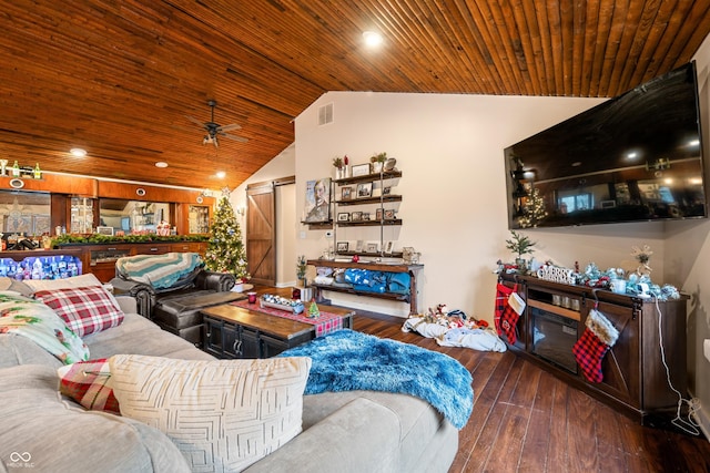 living room with lofted ceiling, wooden ceiling, ceiling fan, and dark wood-type flooring