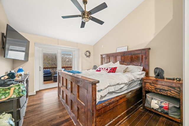 bedroom featuring ceiling fan, dark hardwood / wood-style floors, access to exterior, and lofted ceiling