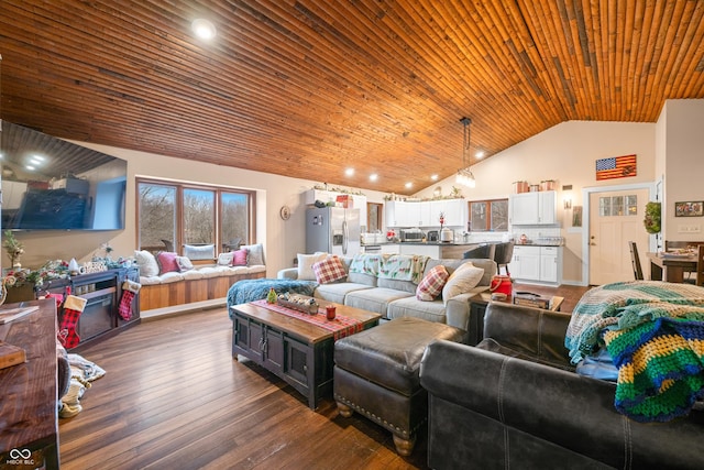 living room featuring wood ceiling, dark wood-type flooring, and vaulted ceiling