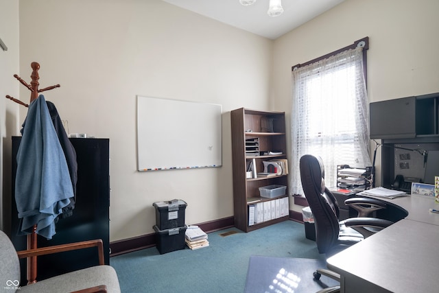 home office with light colored carpet