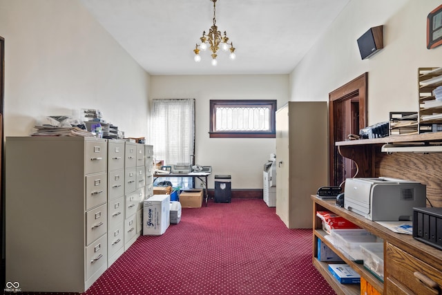 interior space featuring carpet and a notable chandelier