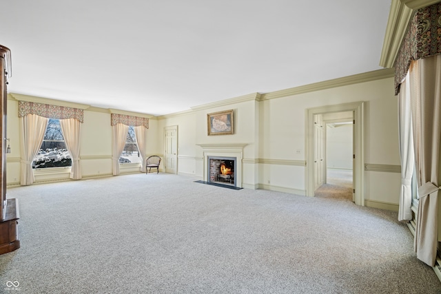 unfurnished living room with light carpet and ornamental molding