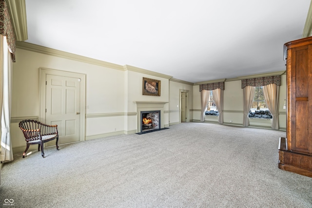 unfurnished living room featuring light carpet and ornamental molding