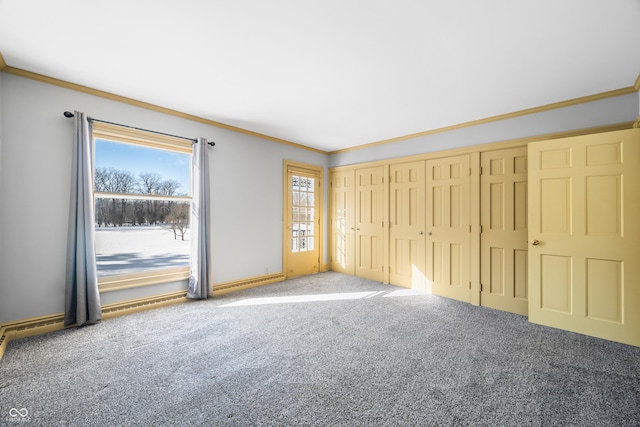 interior space featuring carpet flooring and crown molding