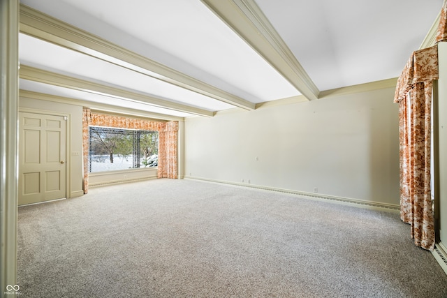 carpeted empty room featuring beamed ceiling and crown molding