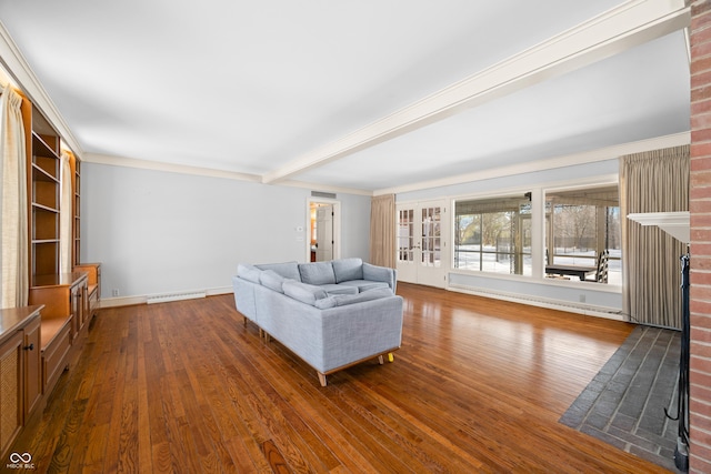 unfurnished living room featuring baseboard heating, a brick fireplace, ornamental molding, and hardwood / wood-style flooring