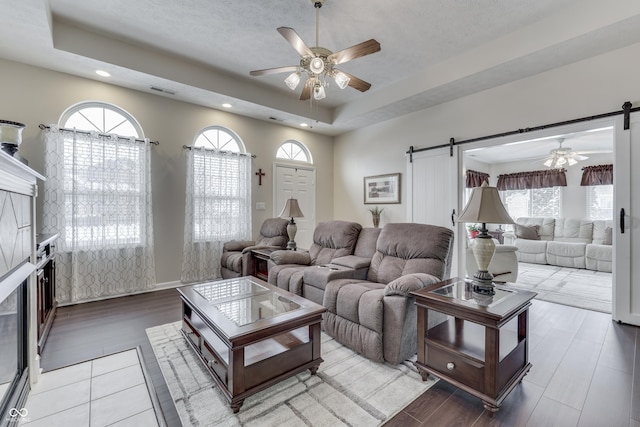 living room featuring ceiling fan, a barn door, a raised ceiling, and a healthy amount of sunlight