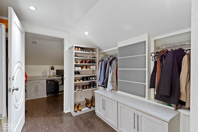 walk in closet featuring dark hardwood / wood-style flooring and vaulted ceiling