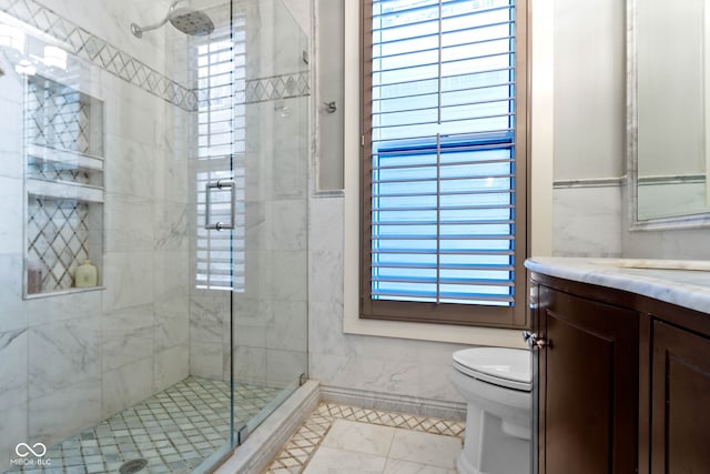 bathroom with a wealth of natural light, vanity, a shower with shower door, and toilet