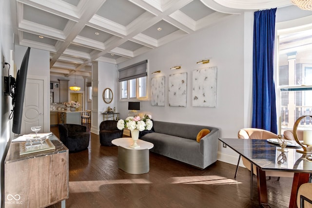 living room with beam ceiling, dark hardwood / wood-style flooring, and coffered ceiling