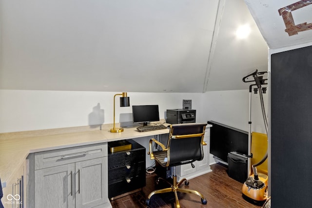 office space featuring dark wood-type flooring and lofted ceiling