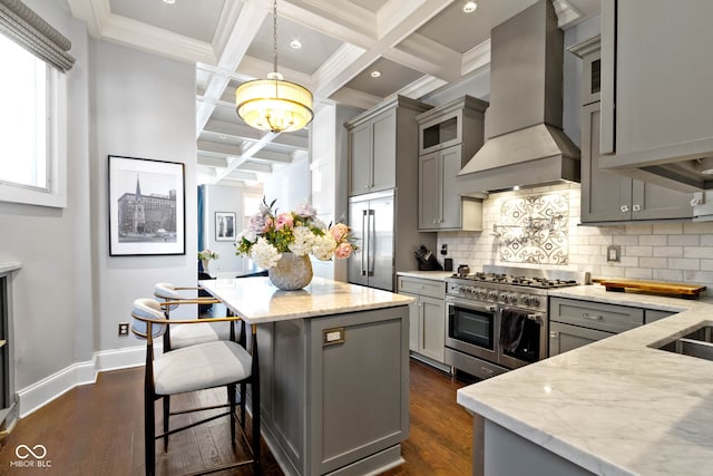 kitchen featuring beam ceiling, coffered ceiling, gray cabinets, custom range hood, and high end appliances