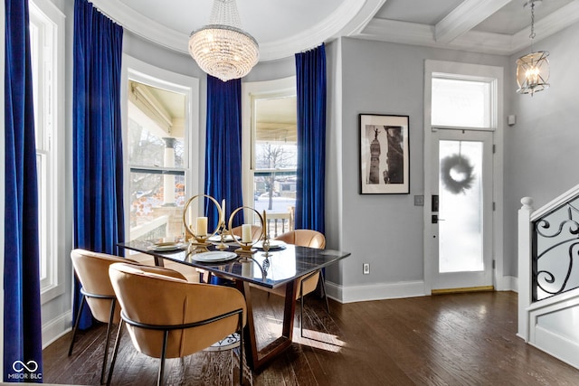 dining area with ornamental molding, coffered ceiling, a notable chandelier, beamed ceiling, and dark hardwood / wood-style floors