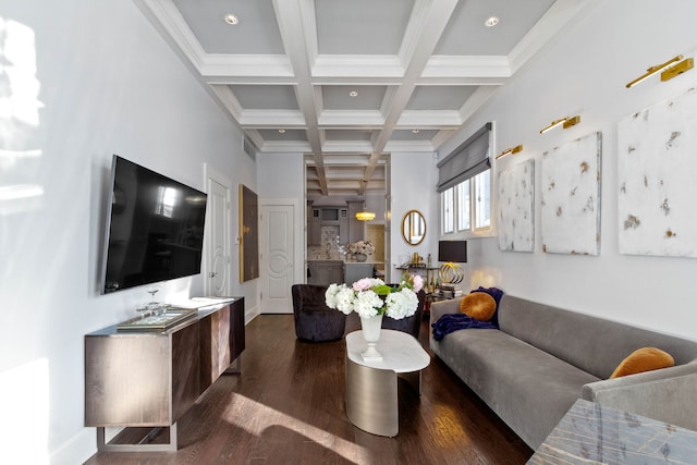 living room with beamed ceiling, dark wood-type flooring, and coffered ceiling