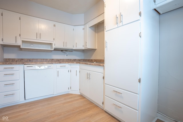 kitchen with dishwasher, light hardwood / wood-style floors, and white cabinetry