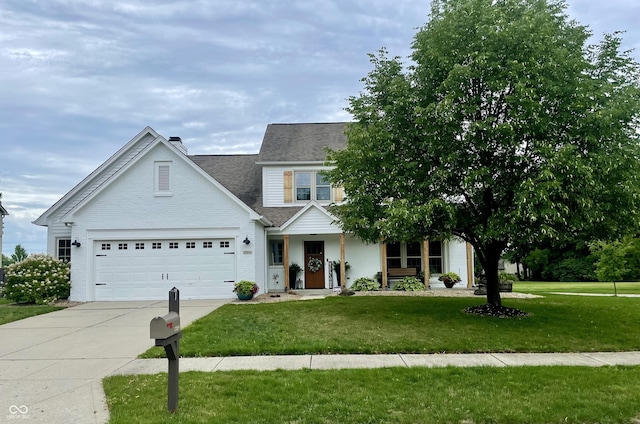 view of front of home featuring a front yard and a garage