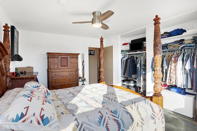 bedroom with ceiling fan and a closet