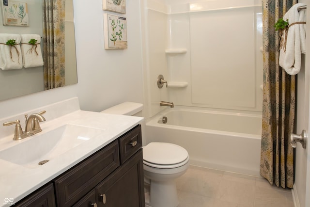 full bathroom with tile patterned flooring, vanity, toilet, and shower / bathtub combination with curtain