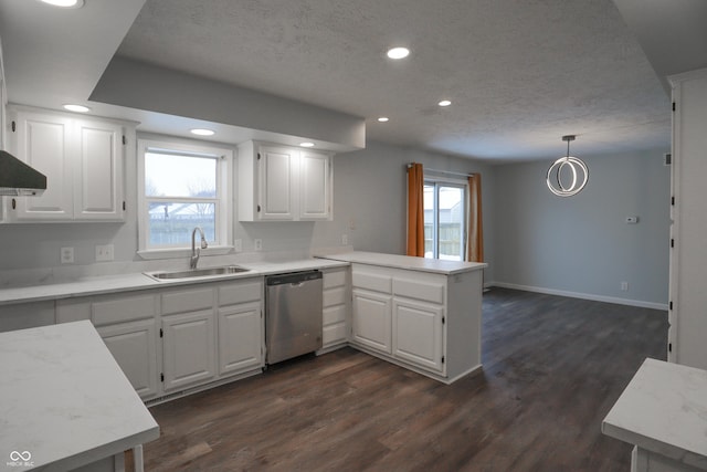 kitchen with sink, stainless steel dishwasher, kitchen peninsula, and white cabinets