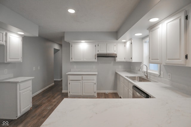 kitchen featuring stainless steel dishwasher, dark hardwood / wood-style flooring, sink, and white cabinets