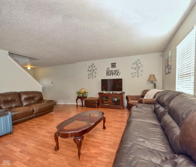 living room featuring a textured ceiling and hardwood / wood-style floors