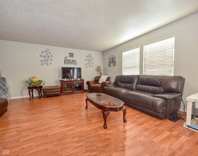 living room featuring a textured ceiling and light hardwood / wood-style floors