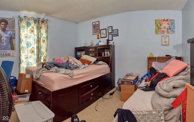 bedroom with a textured ceiling, carpet, and lofted ceiling