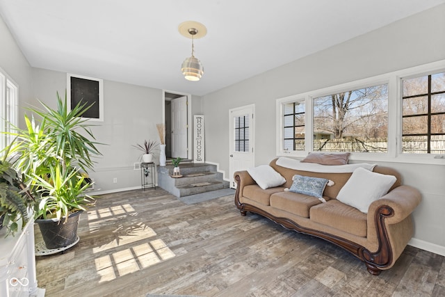 living room with baseboards and wood finished floors