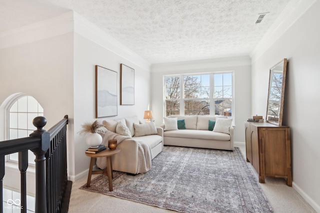 living room with a textured ceiling and light colored carpet