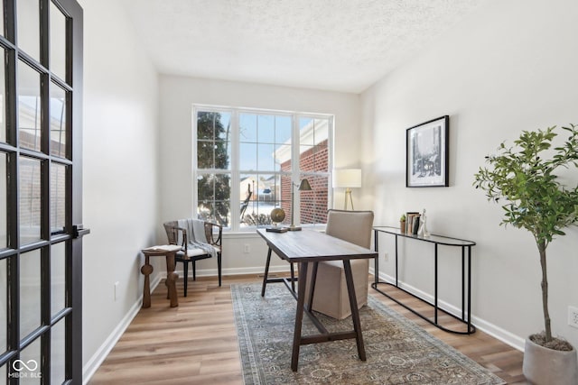 home office featuring a textured ceiling, light hardwood / wood-style flooring, and a healthy amount of sunlight