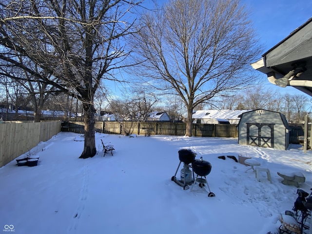 yard covered in snow featuring a shed