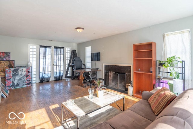 living room with wood-type flooring and a high end fireplace