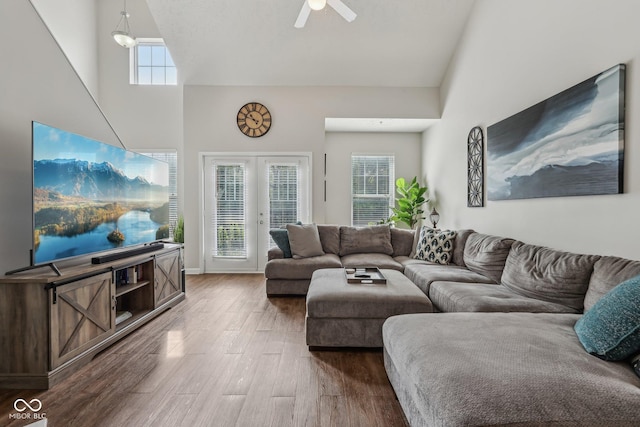 6595 Reserve Dr, Indianapolis, IN 46220 - living area with high vaulted ceiling, dark wood-style floors, plenty of natural light, a ceiling fan, and french doors