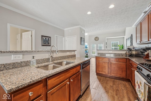 6595 Reserve Dr, Indianapolis, IN 46220 - kitchen featuring dishwasher, a sink, range with gas cooktop, light stone counters, and ornamental molding