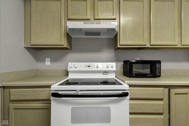 4652 Kimmeridge Ln, Indianapolis, IN 46254 - kitchen with under cabinet range hood, white electric range oven, black microwave, light countertops, and light brown cabinetry