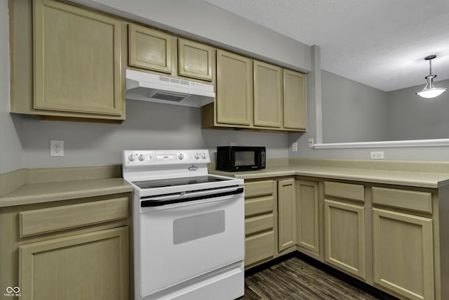 4652 Kimmeridge Ln, Indianapolis, IN 46254 - kitchen featuring white electric range, under cabinet range hood, black microwave, light countertops, and dark wood finished floors