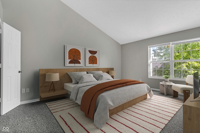 bedroom featuring carpet and high vaulted ceiling