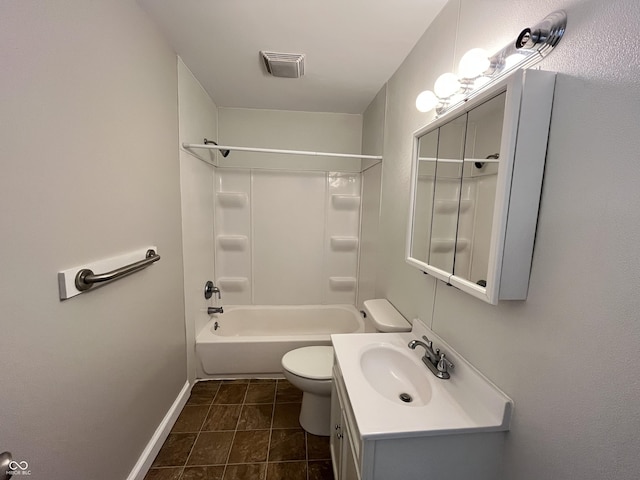 full bath with tile patterned flooring, visible vents, baseboards, toilet, and vanity