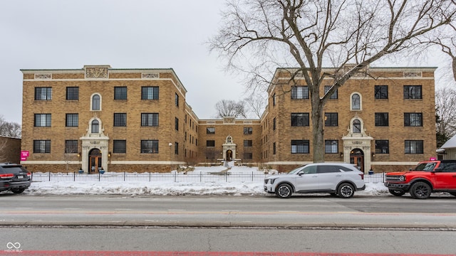 view of snow covered building