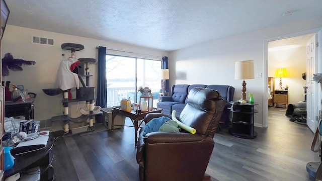 living room featuring dark hardwood / wood-style flooring and a textured ceiling