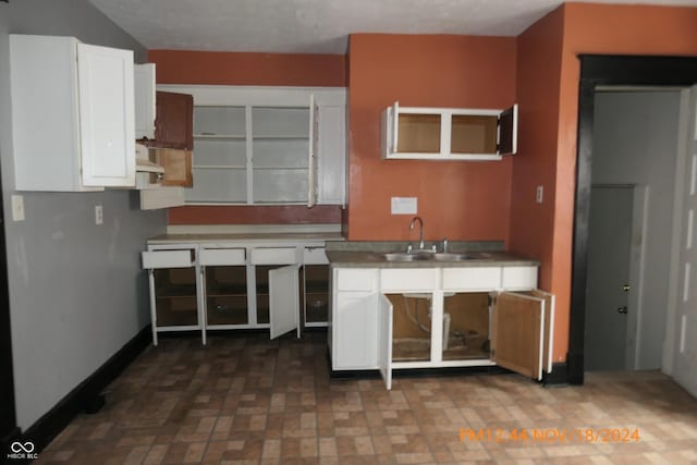 kitchen with white cabinetry, sink, range hood, and radiator heating unit