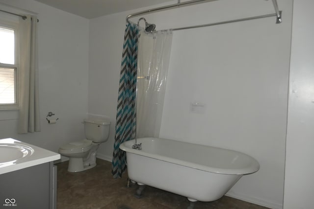 bathroom with a bathtub, a healthy amount of sunlight, toilet, and vanity