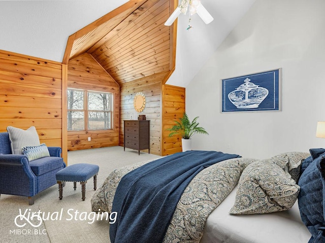 carpeted bedroom with wood walls, ceiling fan, and vaulted ceiling