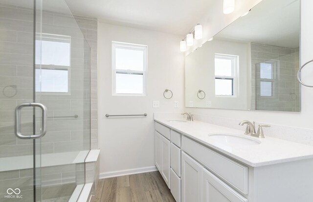 bathroom with wood-type flooring, a shower with shower door, and vanity