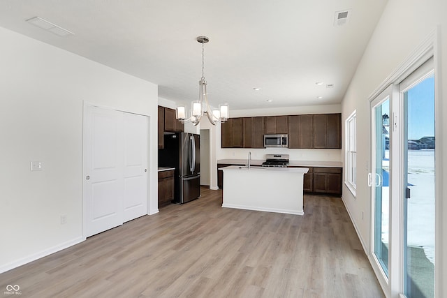 kitchen featuring sink, hanging light fixtures, light hardwood / wood-style flooring, a center island with sink, and appliances with stainless steel finishes