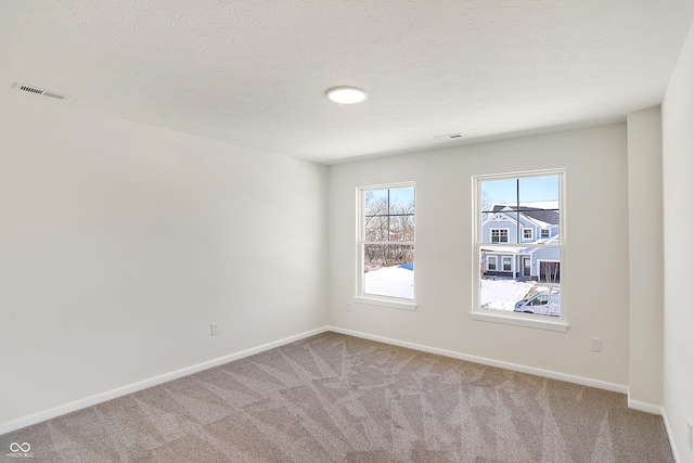 empty room with light colored carpet and a textured ceiling