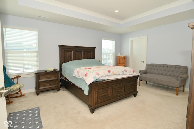 bedroom featuring a raised ceiling, multiple windows, and light colored carpet